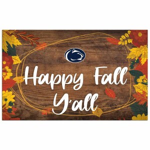 Happy Fall Y'all wooden sign with Penn State Athletic Logo and leaves